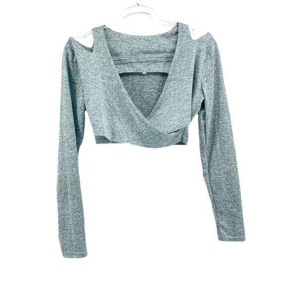 Crop Top Womens Large Cold Shoulder Heather Gray Surplice Faux Wrap V Neck Plung - Picture 3 of 7